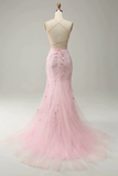 Modest Mermaid Spaghetti Straps Lace Pink Long Prom Dresses HZ1024