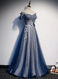 Simple A line Off The Shoulder Sequin Blue Long Prom Dresses HZ1024