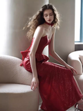 Sexy Mermaid Strapless Red Sequin Slit Long Prom Dresses HZ1024