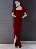 Sexy A Line Square Neckline Red Slit Long Prom Dresses HZ1024