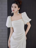 Sexy A Line Square Neckline White Slit Long Prom Dresses HZ1024