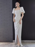 Sexy A Line Square Neckline White Slit Long Prom Dresses HZ1024