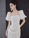 Sexy A Line Square Neckline White Slit Long Prom Dresses HZ1024