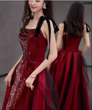 Simple A Line Burgundy Sequin Long Prom Dresses HZ1024
