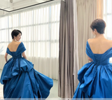 Simple Ball Gown Royal Blue Satin Long Prom Dresses HZ1024