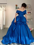 Simple Ball Gown Royal Blue Satin Long Prom Dresses HZ1024