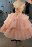 Ball Gown Puffy Straps Tiered Pink Tea Length Homecoming Dress HZ1024