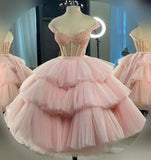 Ball Gown Puffy Straps Tiered Pink Tea Length Homecoming Dress HZ1024