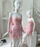 Cute A line Strapless Off The Shoulder Pink Homecoming Dress With Flowers HZ1024
