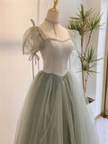 A line Short Sleeves Green Satin Tulle Long Prom Dress HZ1024