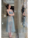 A Line Scoop Neckline Sleeveless Lace Blue Prom Dress HZ1024