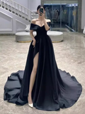 Simple A line Off The Shoulder Satin Black Long Prom Dresses HZ1024