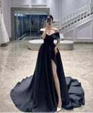 Simple A line Off The Shoulder Satin Black Long Prom Dresses HZ1024