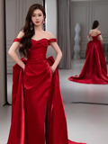 Simple Sheath Off The Shoulder Satin Red Long Prom Dresses HZ1024