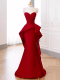 Modest Mermaid Strapless Red Satin Long Prom Dresses HZ1024