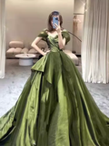 Ball Gown Off The Shoulder Green Satin Long Prom Dresses HZ1024