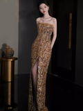 Sheath Strapless Sequin Gold Long Prom Dresses HZ1024