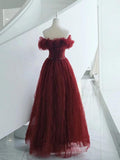 Vintage A line Off The Shoulder Burgundy Tulle Evening Dress Prom Dresses HZ1024
