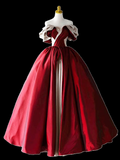 Ball Gown Off The Shoulder Satin Burgundy Long Prom Dresses HZ1024