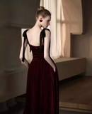Simple A Line Burgundy Velvet Long Prom Dresses HZ1024