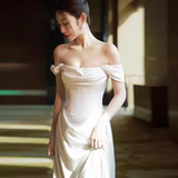 Vintage A line Off The Shoulder White Long Satin Wedding Dresses HZ1024