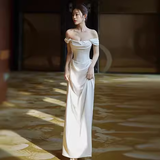 Vintage A line Off The Shoulder White Long Satin Wedding Dresses HZ1024