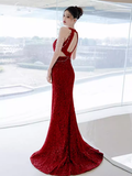 Modest Mermaid Halter Red Sequin Long Prom Dresses HZ1024