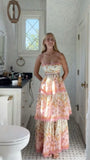 Cute A Line Spaghetti Straps Floral Pink Backless Long Prom Dress HZ1024