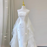 Fairytale Mermaid Strapless Satin White Wedding Dresses HZ1024