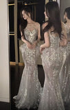 Elegant Mermaid Scoop Tulle Sequin Long Prom Dresses HZ1024