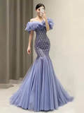Sexy Mermaid Off The Shoulder Short Sleeves Blue Long Prom Dress HZ1024