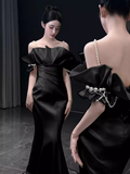 Modest Mermaid Straps Black Satin Long Prom Dresses HZ1024