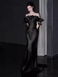 Modest Mermaid Straps Black Satin Long Prom Dresses HZ1024