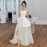 Vintage A Line Strapless Slit White Satin Wedding Dresses HZ1024