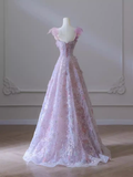 Sexy A line Straps Neckline Floral Long Evening Dress Lace Prom Dress HZ1024