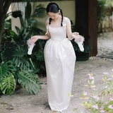 Vintage A Line Straps White Satin Wedding Dresses HZ1024