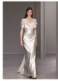 Simple Mermaid Off The Shoulder White Satin Wedding Dresses HZ1024
