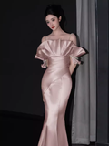 Modest Mermaid Straps Pink Satin Long Prom Dresses HZ1024