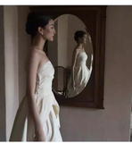 Simple A Line Strapless White Slit Satin Wedding Dresses HZ1024