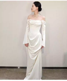 Simple Mermaid Off The Shoulder Long Sleeves White Satin Wedding Dresses HZ1024