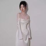 Simple Mermaid Off The Shoulder Long Sleeves White Satin Wedding Dresses HZ1024