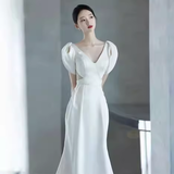 Simple Mermaid V neckline Short Sleeves White Satin Wedding Dresses HZ1024