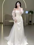 White Mermaid Strapless Satin Wedding Dress With Sleeves HZ1024
