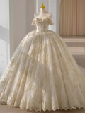 Luxury Ball Gown Off The Shoulder Short Sleeves Lace Wedding Dresses HZ1024