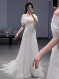 Simple A Line Off The Shoulder Tulle White Long Wedding Dresses HZ1024