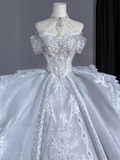 Chic Ball Gown Off The Shoulder Short Sleeves Lace Wedding Dresses HZ1024
