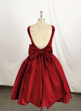 Dark Red Satin Backless Vintage Style Party Dress Homecoming Dresses with Bow HZ1024