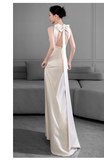 Vintage Sheath Scoop Satin White Backless Wedding Dresses HZ1024