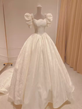 Vintage Ball Gown Square Neckline White Lace Wedding Dress HZ1024