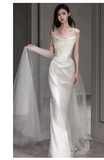 Chic A line Strapless Satin Long Wedding Dresses With Ruffles HZ1024